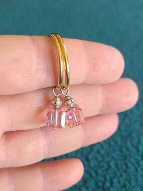 Goldtone Hoop Earrings with Pink Crystal Cube Drops